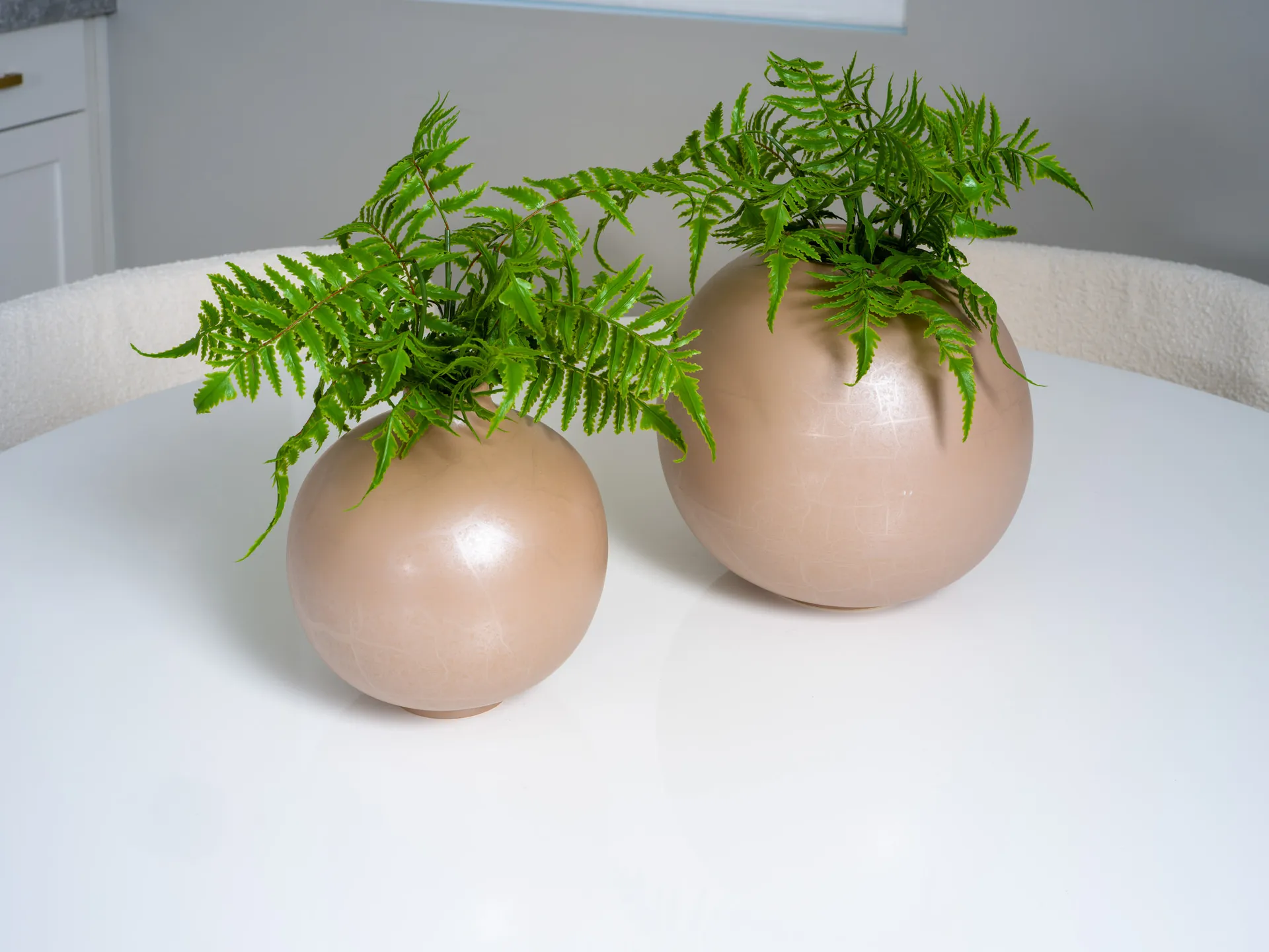 Two round neutral-toned ceramic vases with vibrant green fern arrangements, placed on a glossy white tabletop.