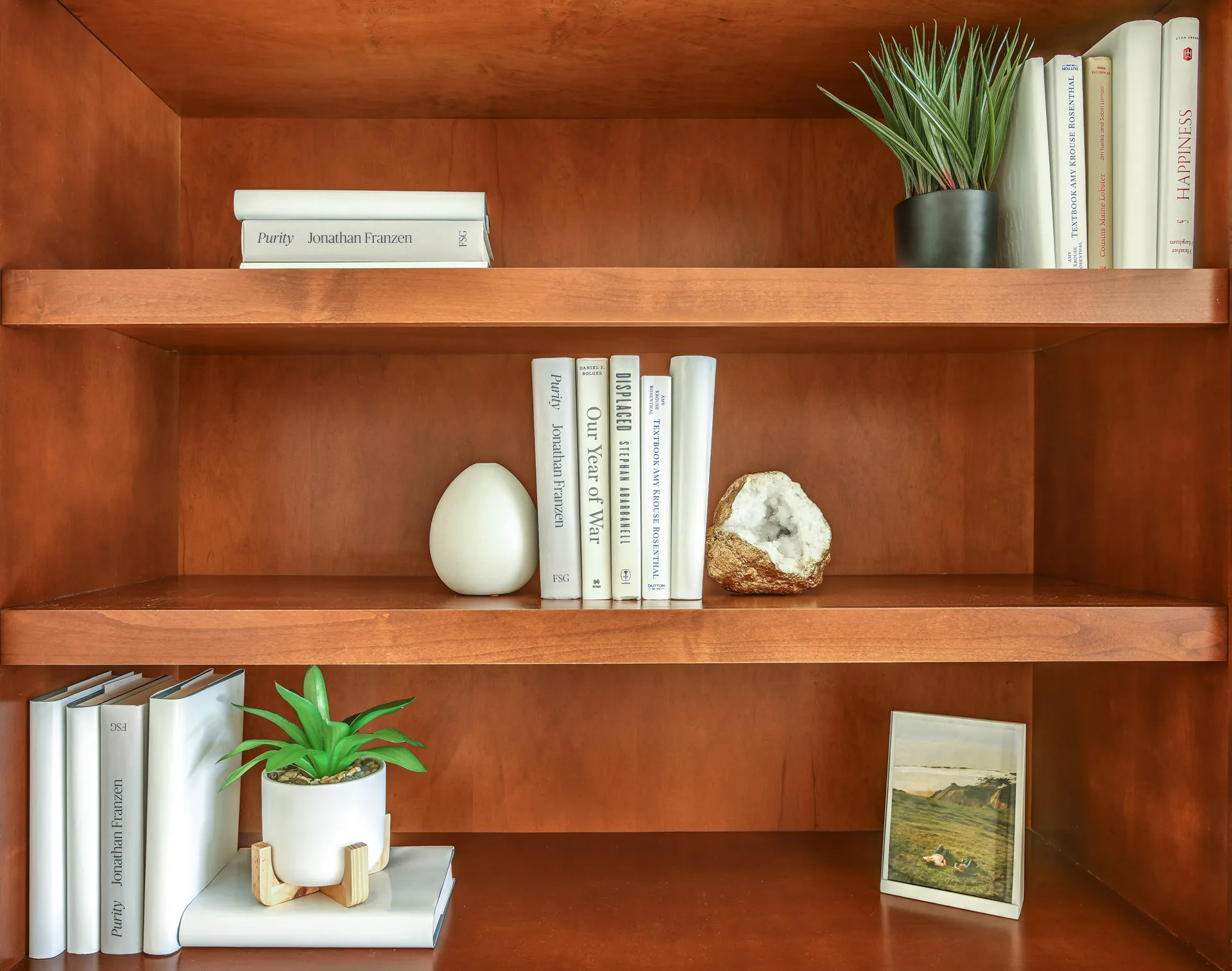A wooden bookshelf with white books, a small potted succulent, a geode, and minimal decorative accents.