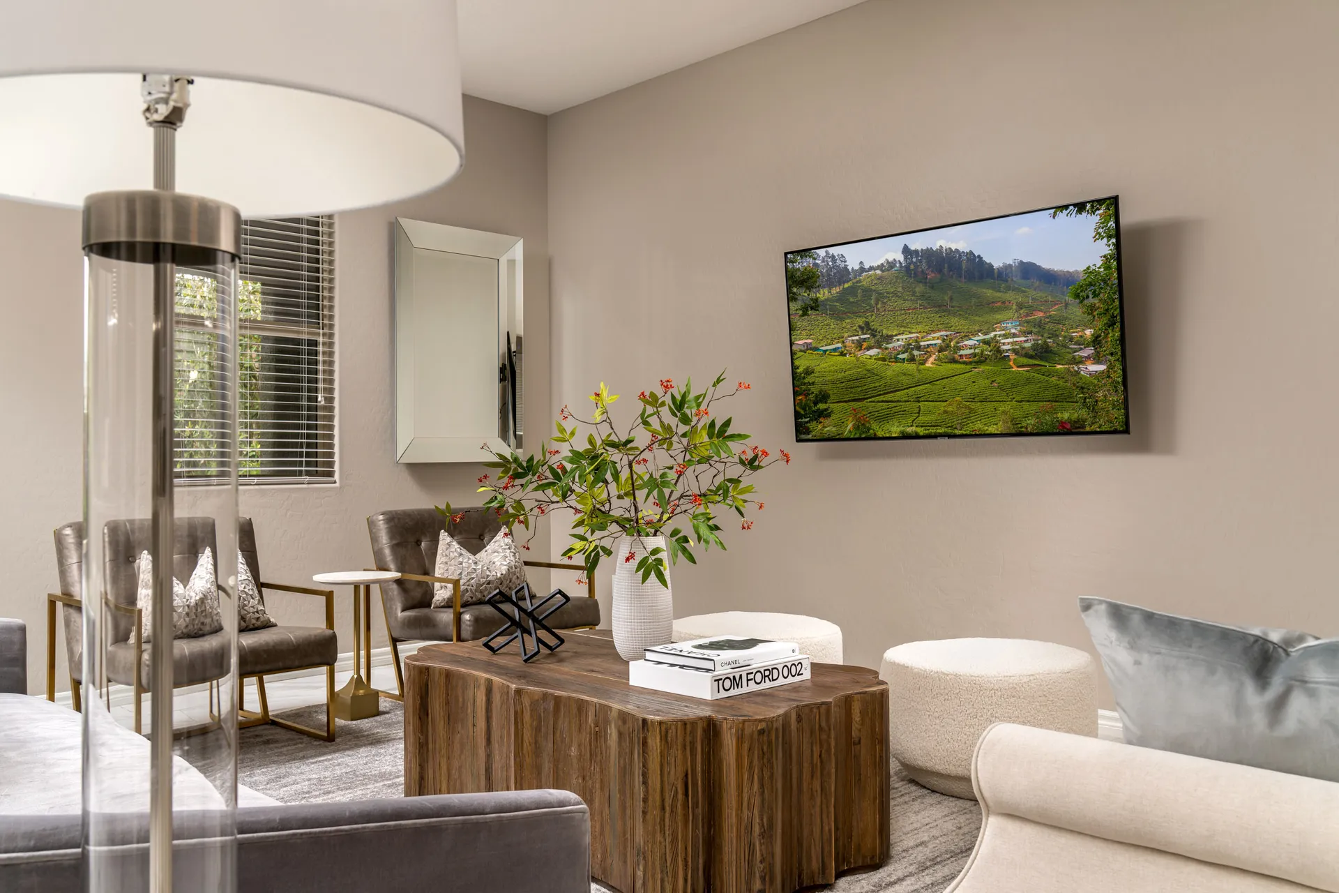A living room featuring a natural wood coffee table, modern gold-framed chairs, and a wall-mounted TV.