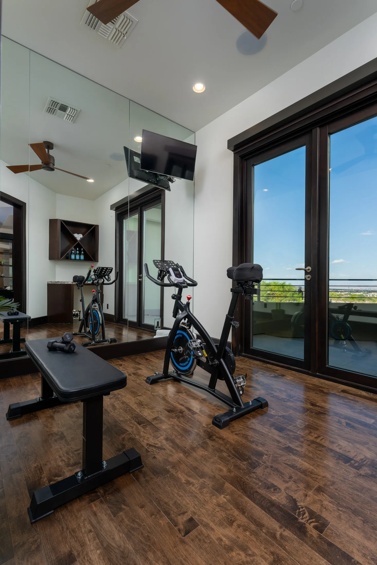 Home gym with exercise equipment, hardwood floors, large mirror, and outdoor view.