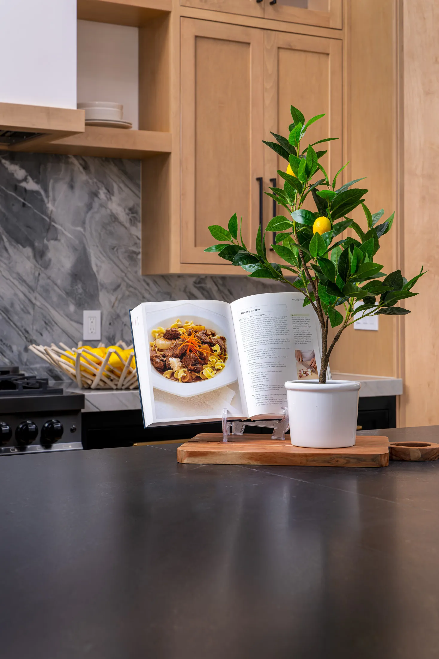 Kitchen countertop with an open cookbook, a potted plant, and a background of wooden cabinets and a marble backsplash, creating a cozy and inviting kitchen atmosphere.