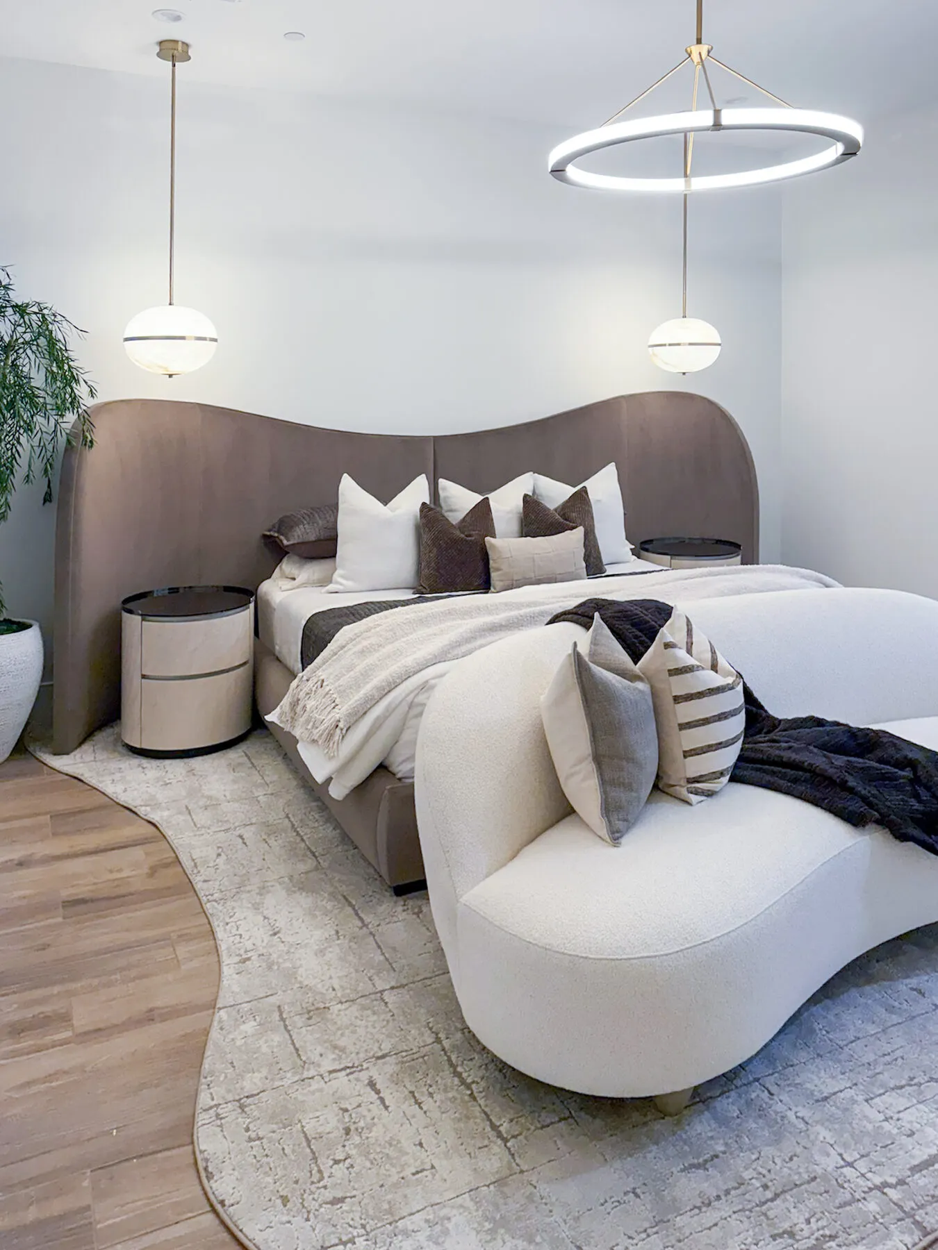 Curved Velvet Bed and Boucle Chaise