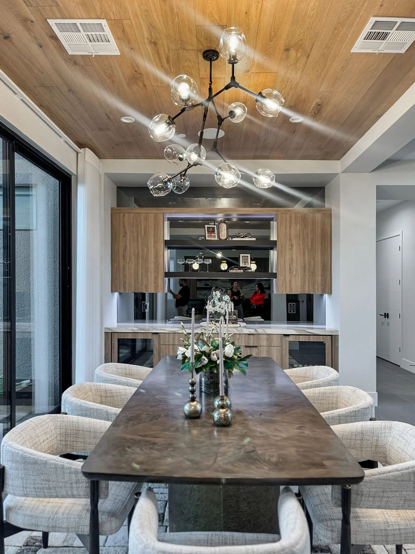 Wood Plank Ceiling Over a Live-Edge Banquet Table