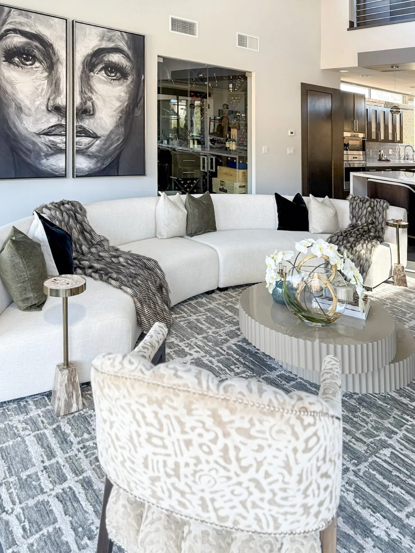 Curved Sectional with Fluted-Base Coffee Table