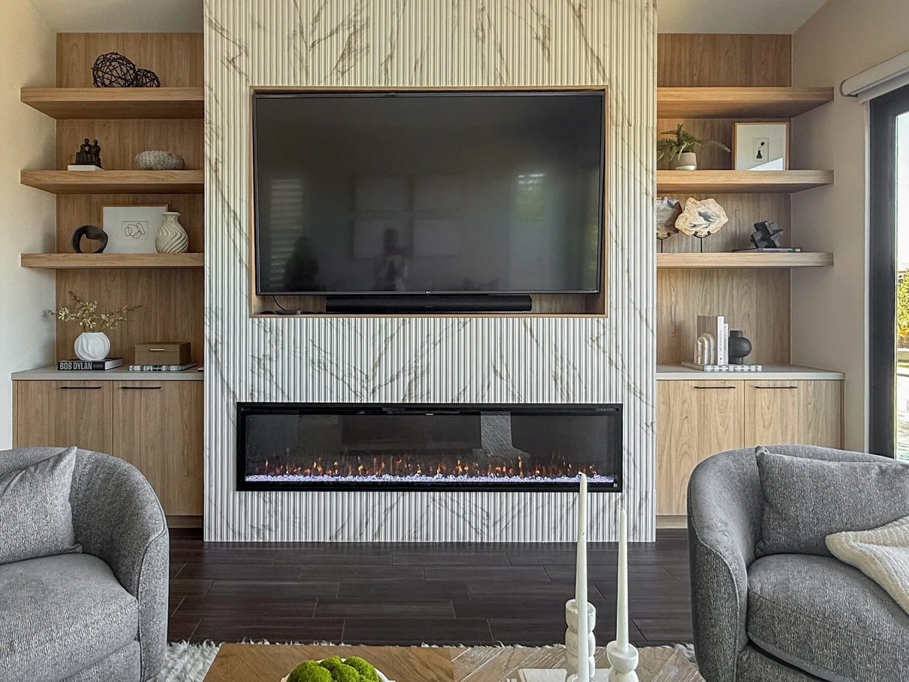 Reeded Marble TV Wall with Built-In Shelves