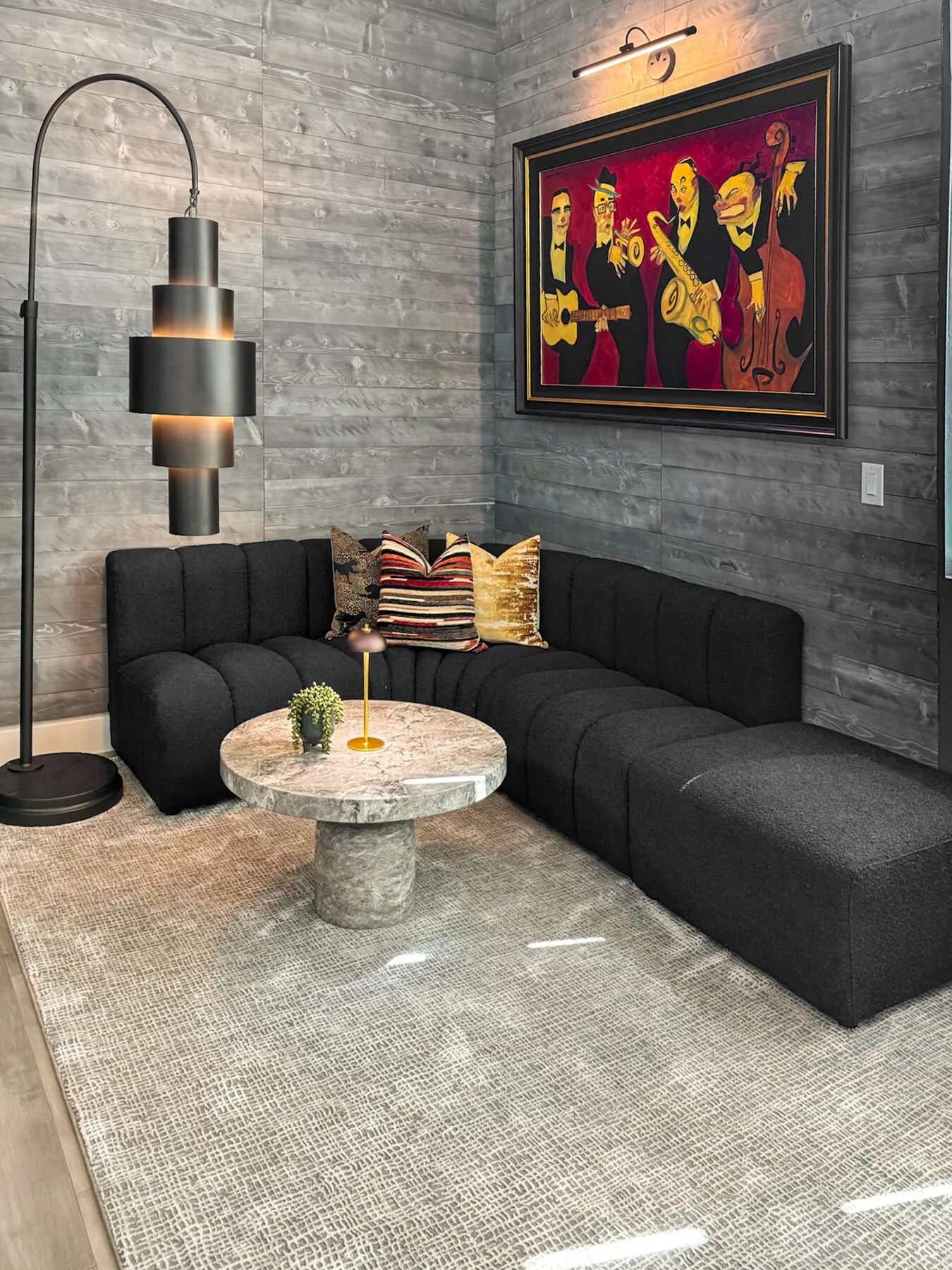 Wood-Paneled Lounge with Jazz Trio Painting
