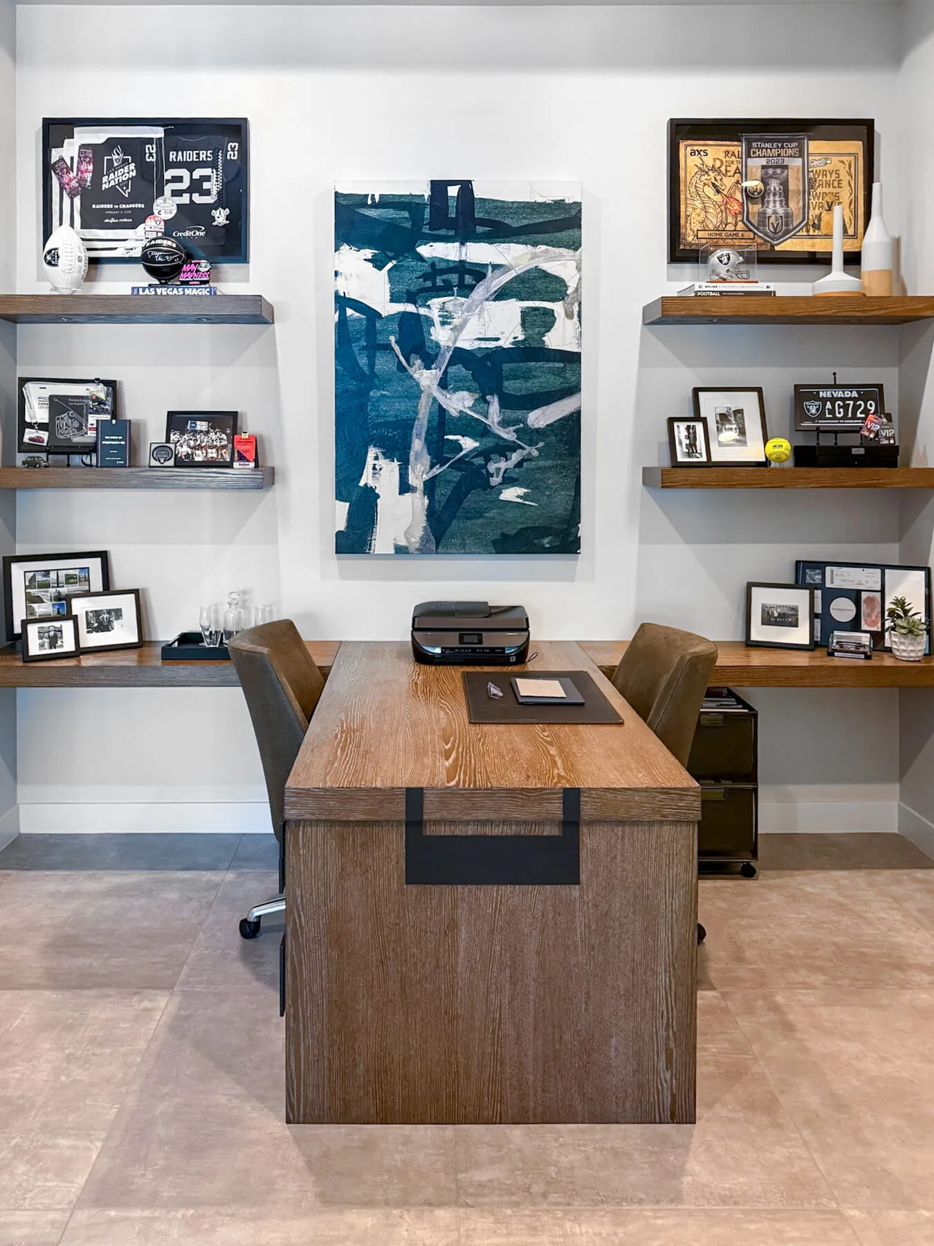 Vegas Sports-Themed Office with Floating Shelves